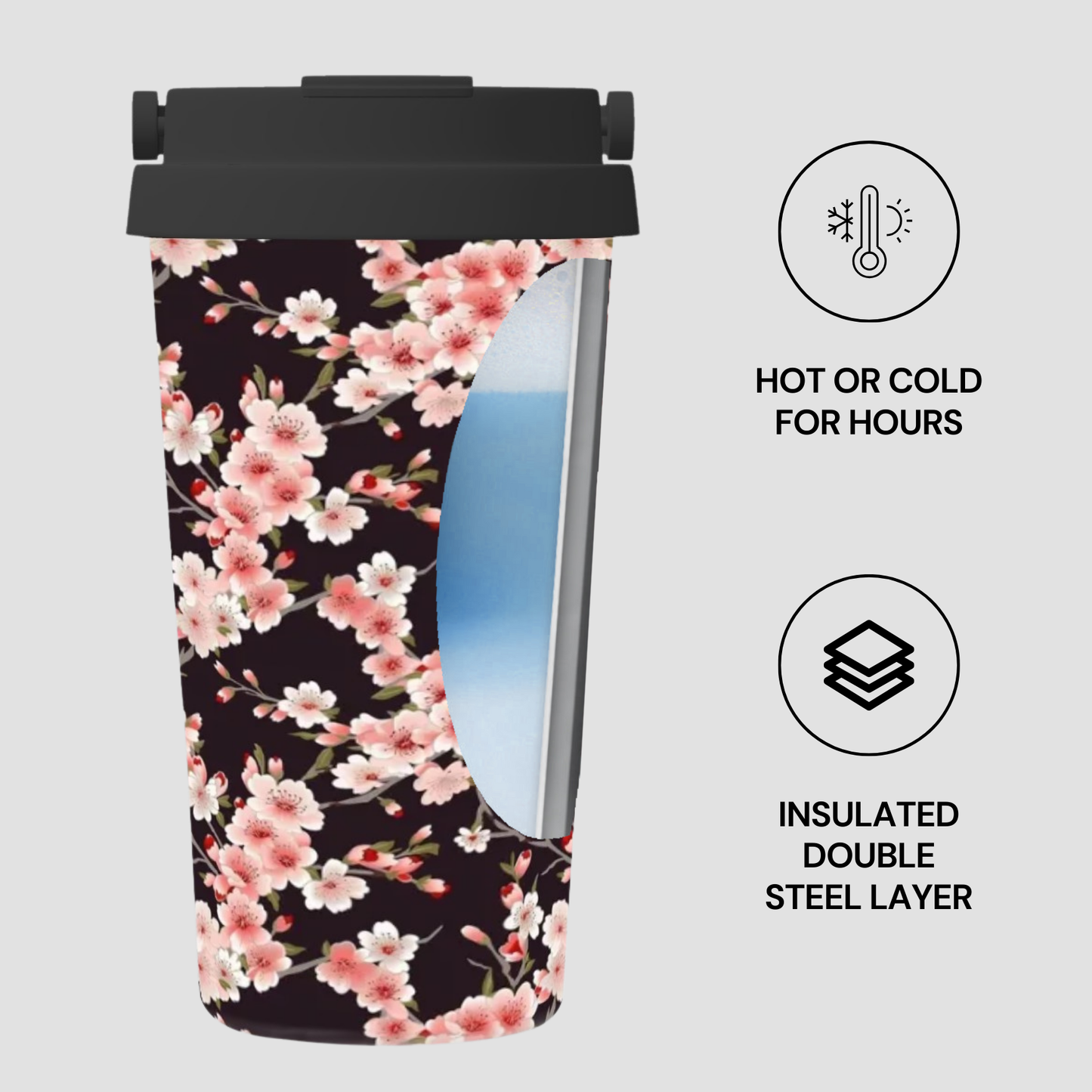 Floral-patterned insulated tumbler with cherry blossoms on a gray background