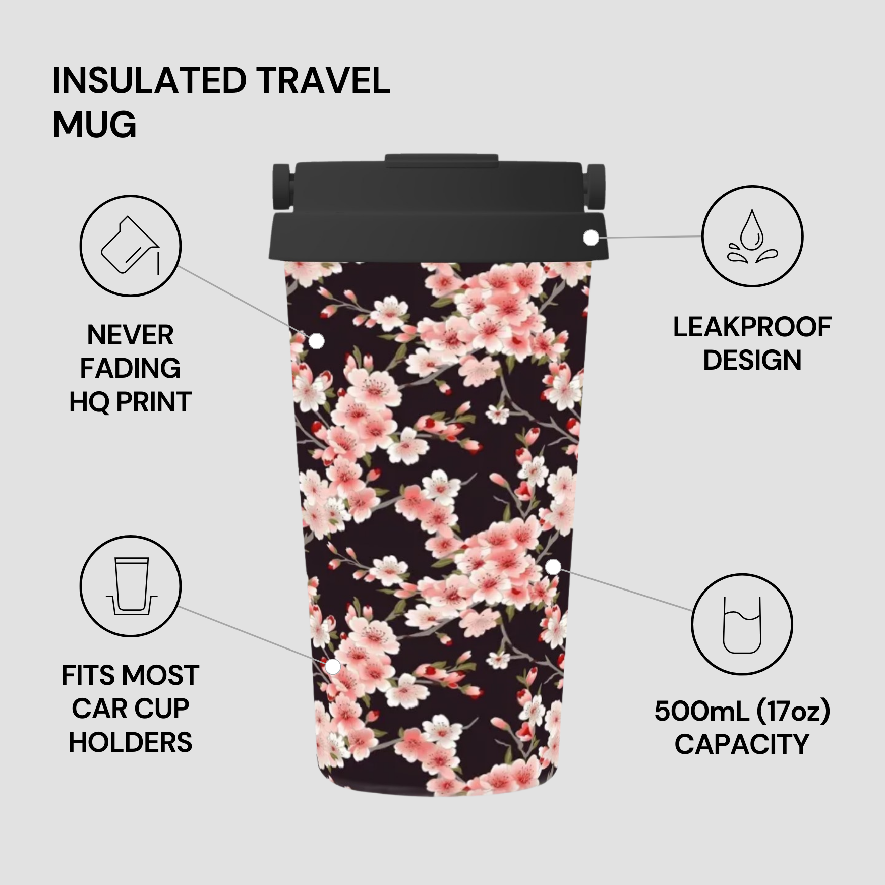 Insulated travel mug with floral design on a gray background | Casenari