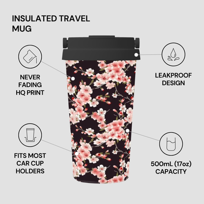 Insulated travel mug with floral design on a gray background | Casenari