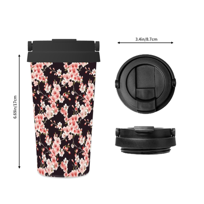 Floral-patterned travel mug with black lid and measurements on a white background