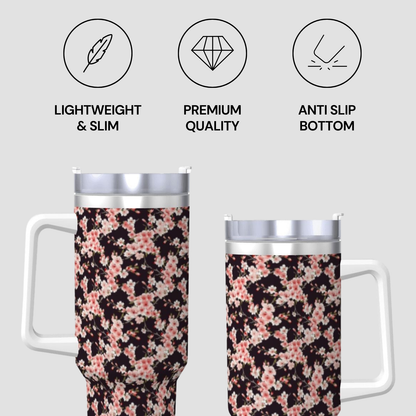 Two floral-patterned tumblers with features listed on a gray background