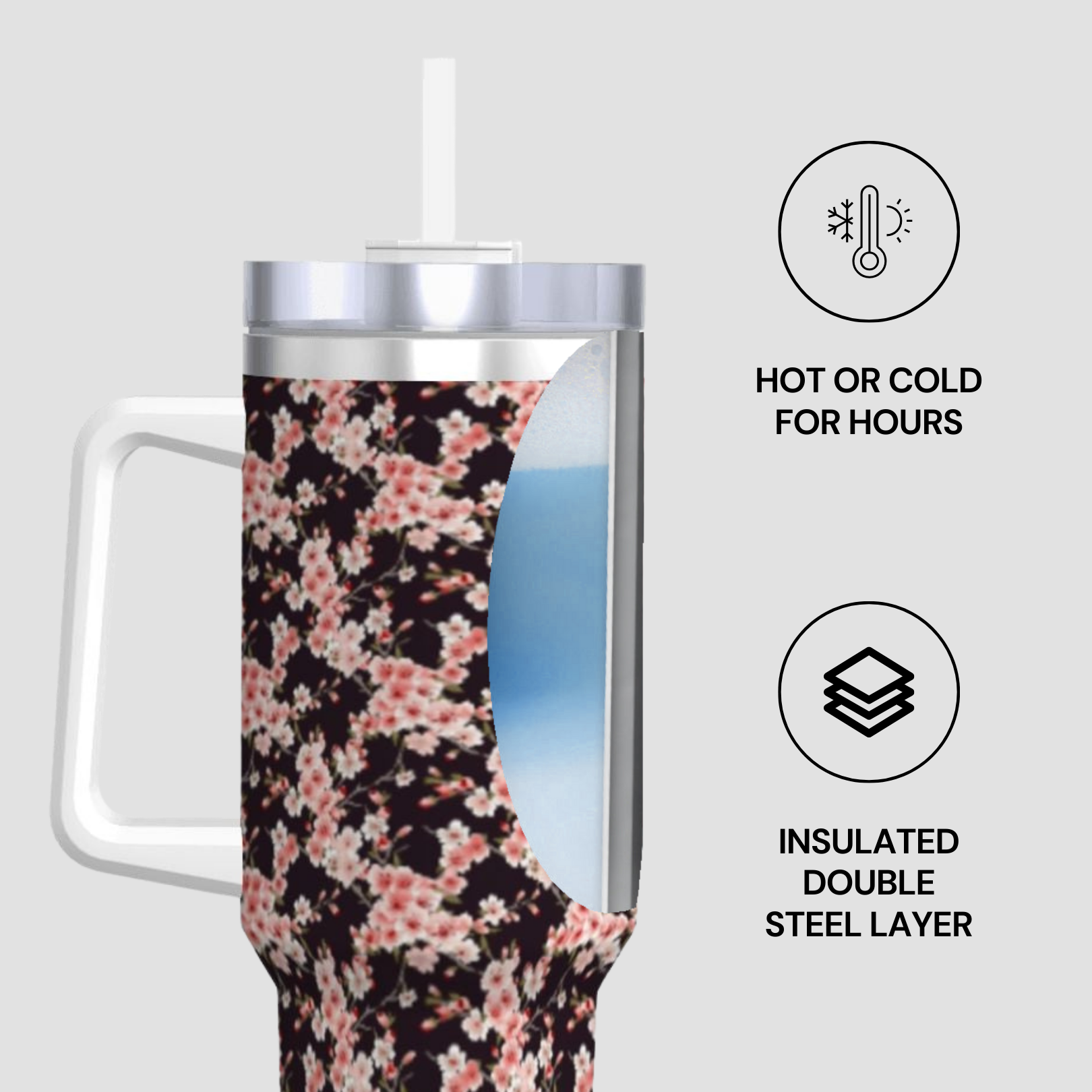Floral-patterned insulated tumbler with a clear sleeve on a light gray background | Casenari