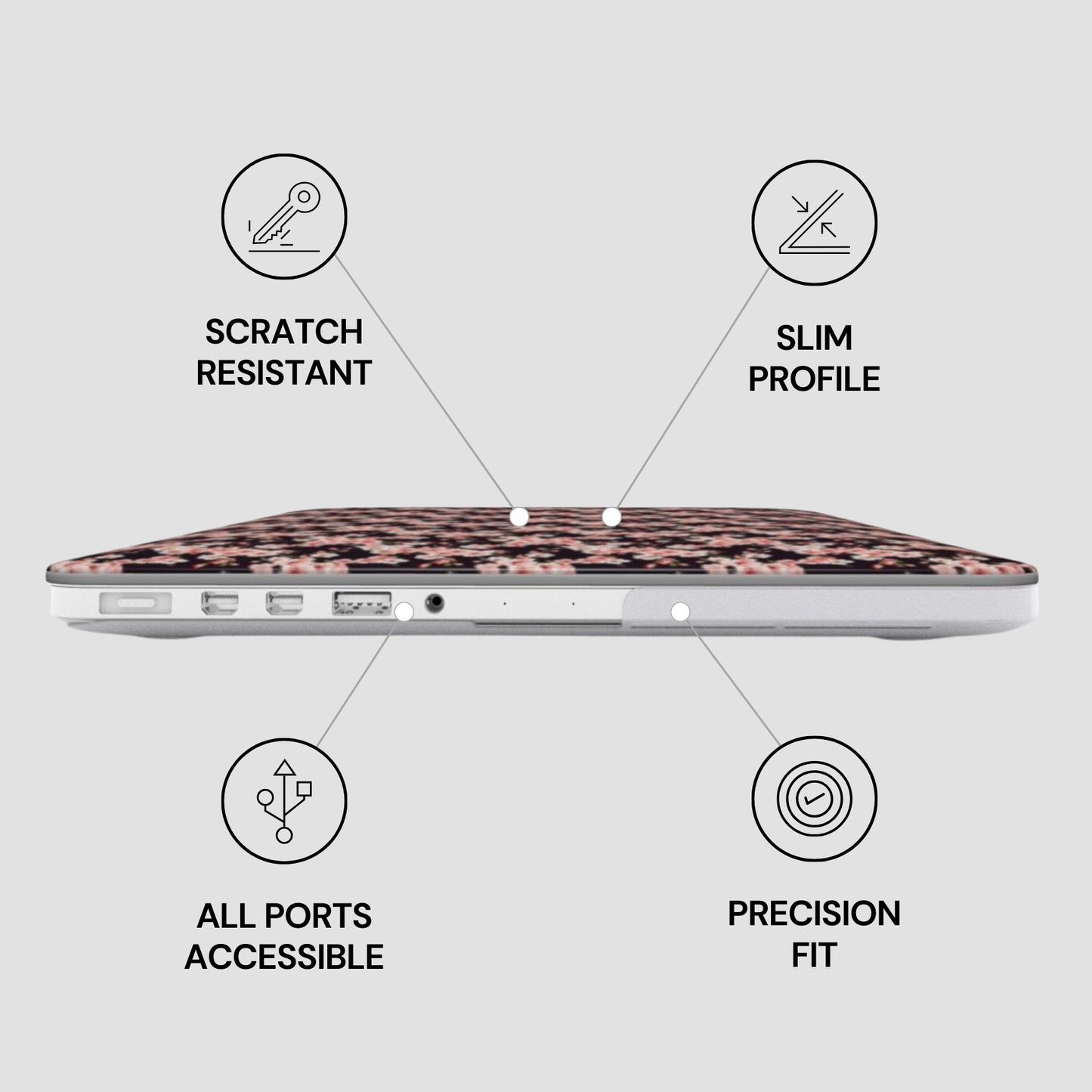 Laptop with leopard print case on a light gray background with feature icons. | Casenari