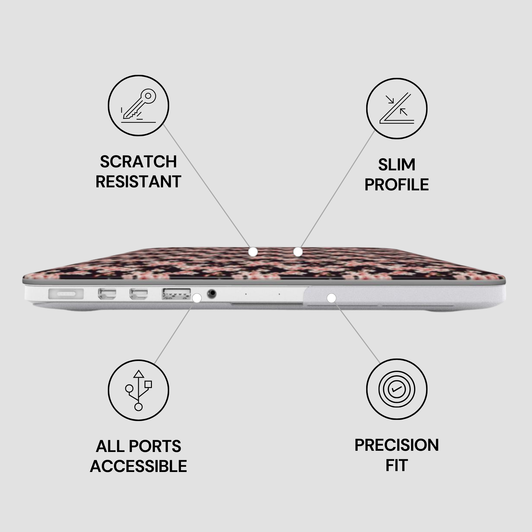 Laptop with leopard print case on a light gray background with feature icons. | Casenari