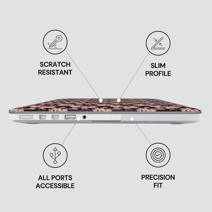Laptop with leopard print case on a light gray background with feature icons. | Casenari