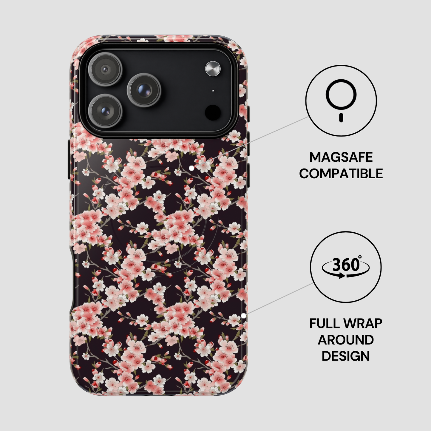 Floral phone case with Magsafe compatibility and 360-degree wrap design on a gray background | Casenari