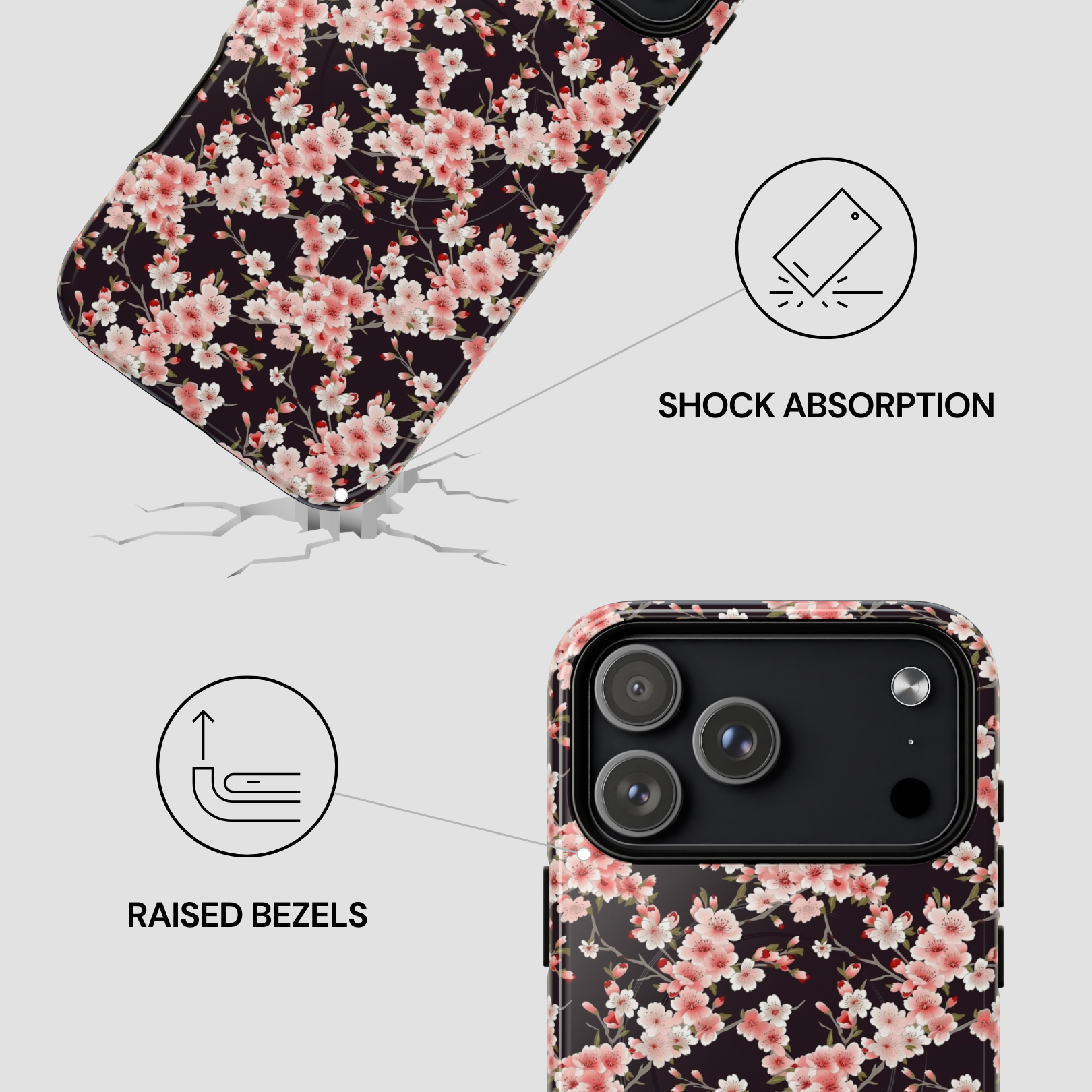 Floral phone case with shock absorption and raised bezels features on a white background | Casenari