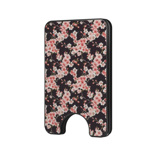 Cherry Blossom magnetic wallet with pink floral artwork on a white background