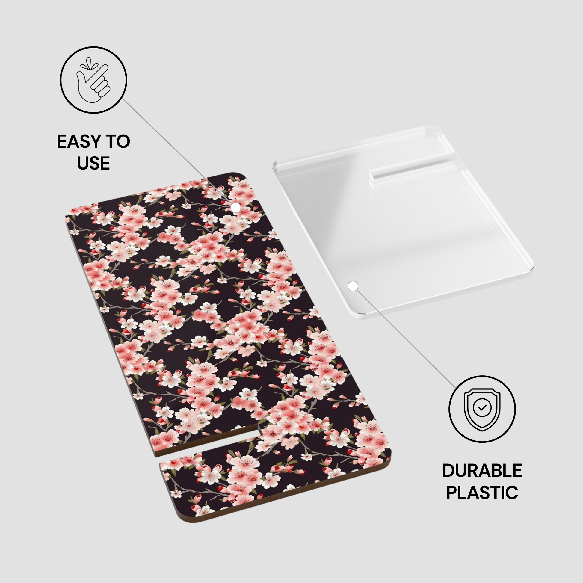 Floral phone case with 'Easy to Use' and 'Durable Plastic' text on a white background | Casenari