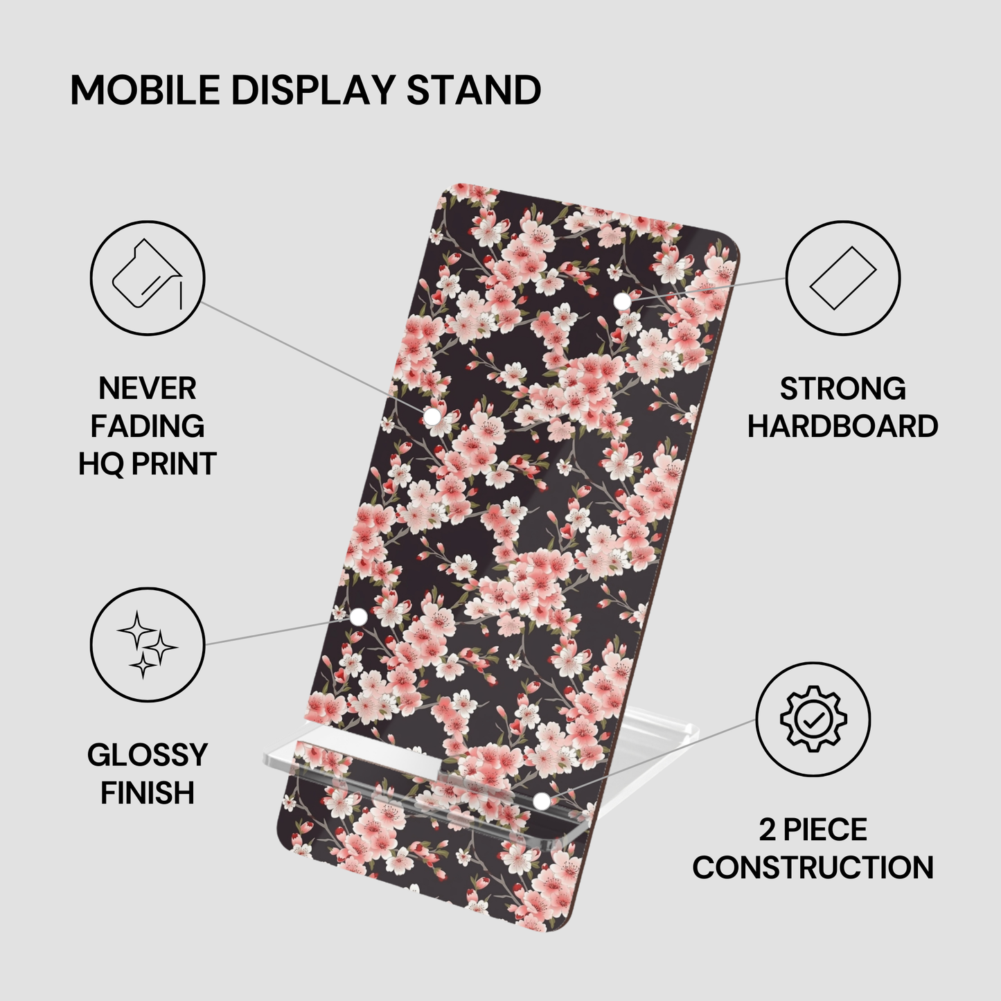 Floral-patterned phone stand with features listed on a gray background | Casenari