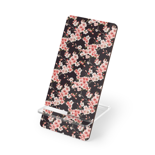 Phone stand with pink floral pattern on a black background | Casenari