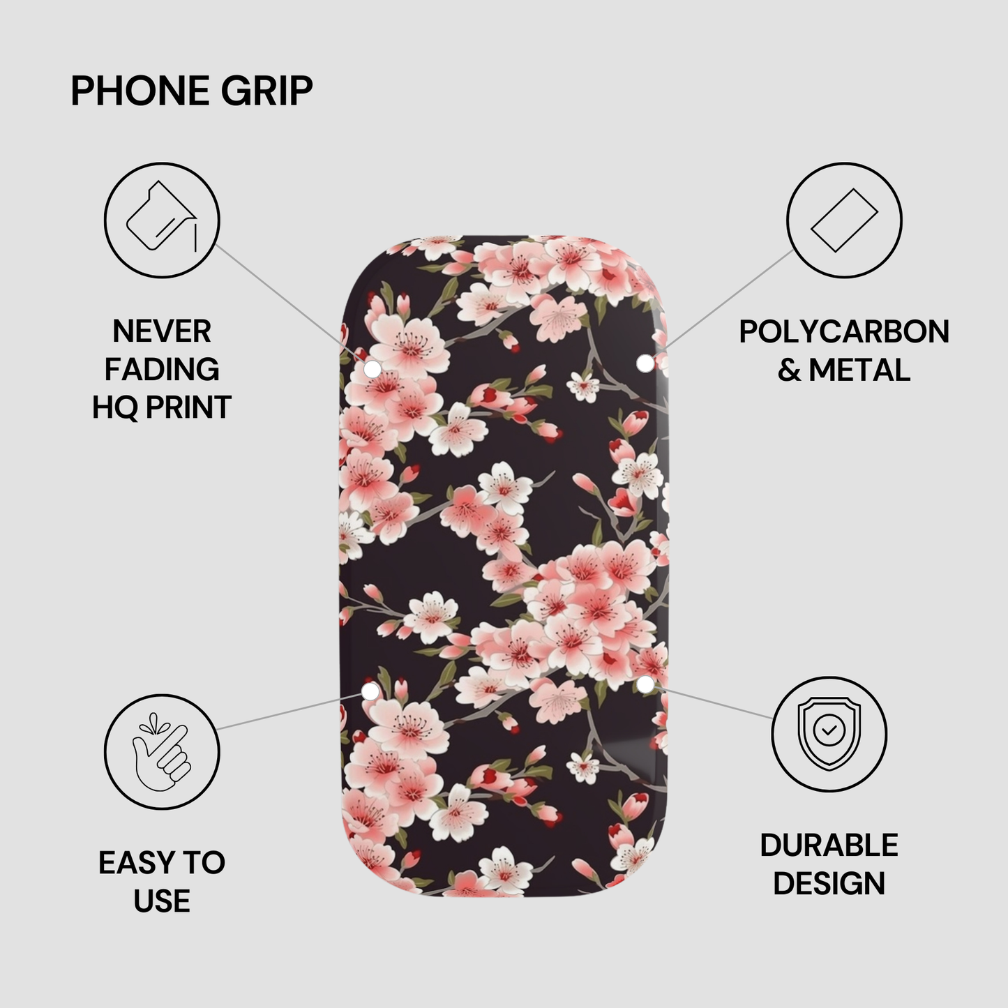 Phone grip with floral design on a gray background, featuring text about product features. | Casenari