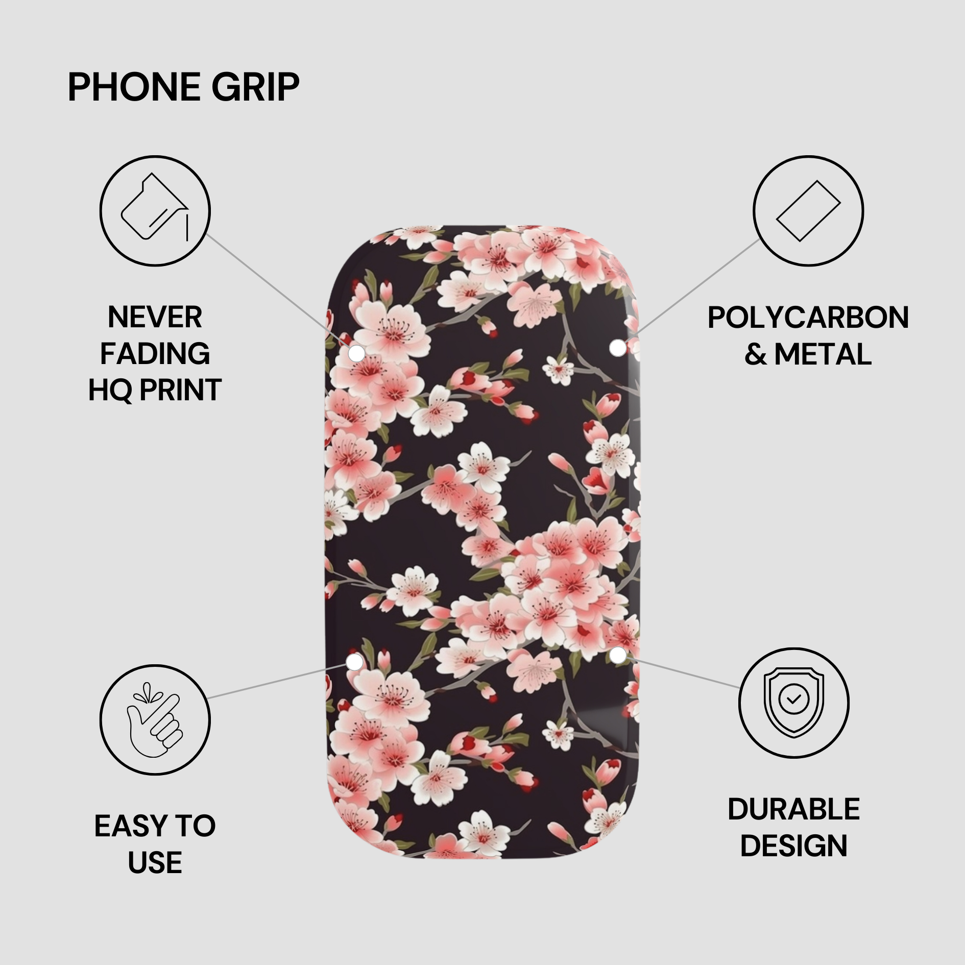 Phone grip with floral design on a gray background, featuring text about product features. | Casenari
