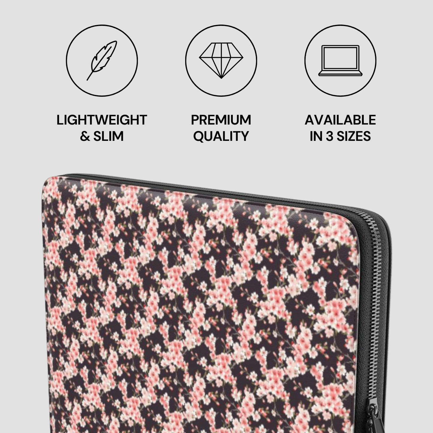 Floral patterned laptop sleeve with size and quality icons on a light gray background | Casenari