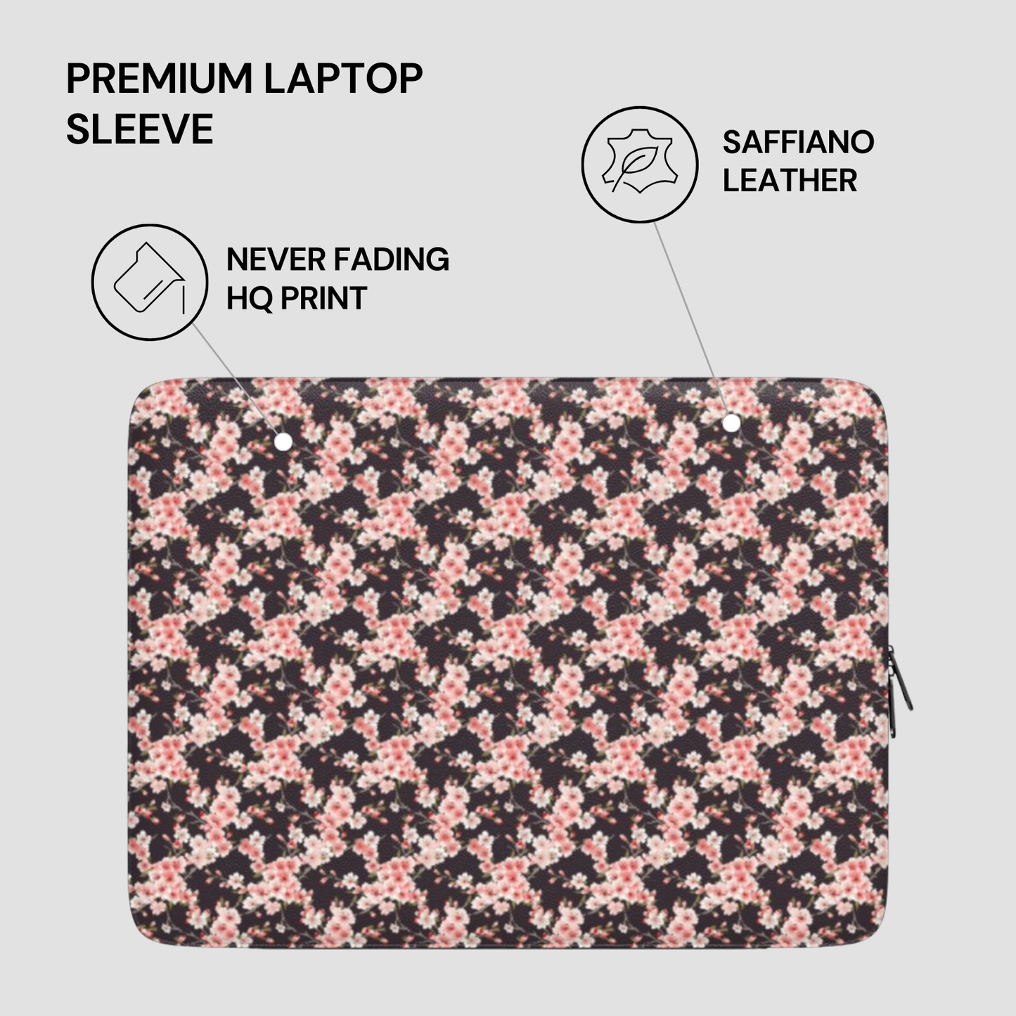 Floral patterned laptop sleeve with text highlighting features on a light gray background | Casenari