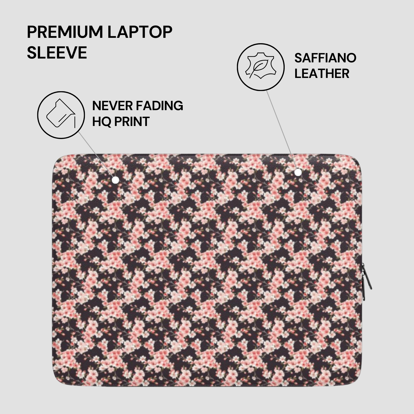 Floral patterned laptop sleeve with text highlighting features on a light gray background | Casenari