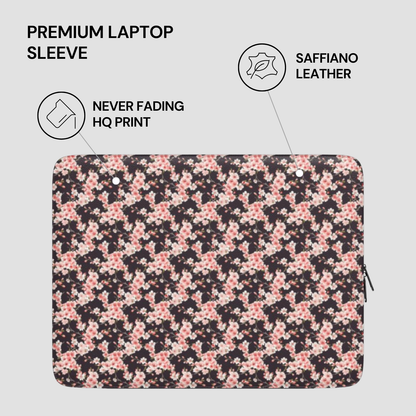Floral patterned laptop sleeve with text highlighting features on a light gray background | Casenari