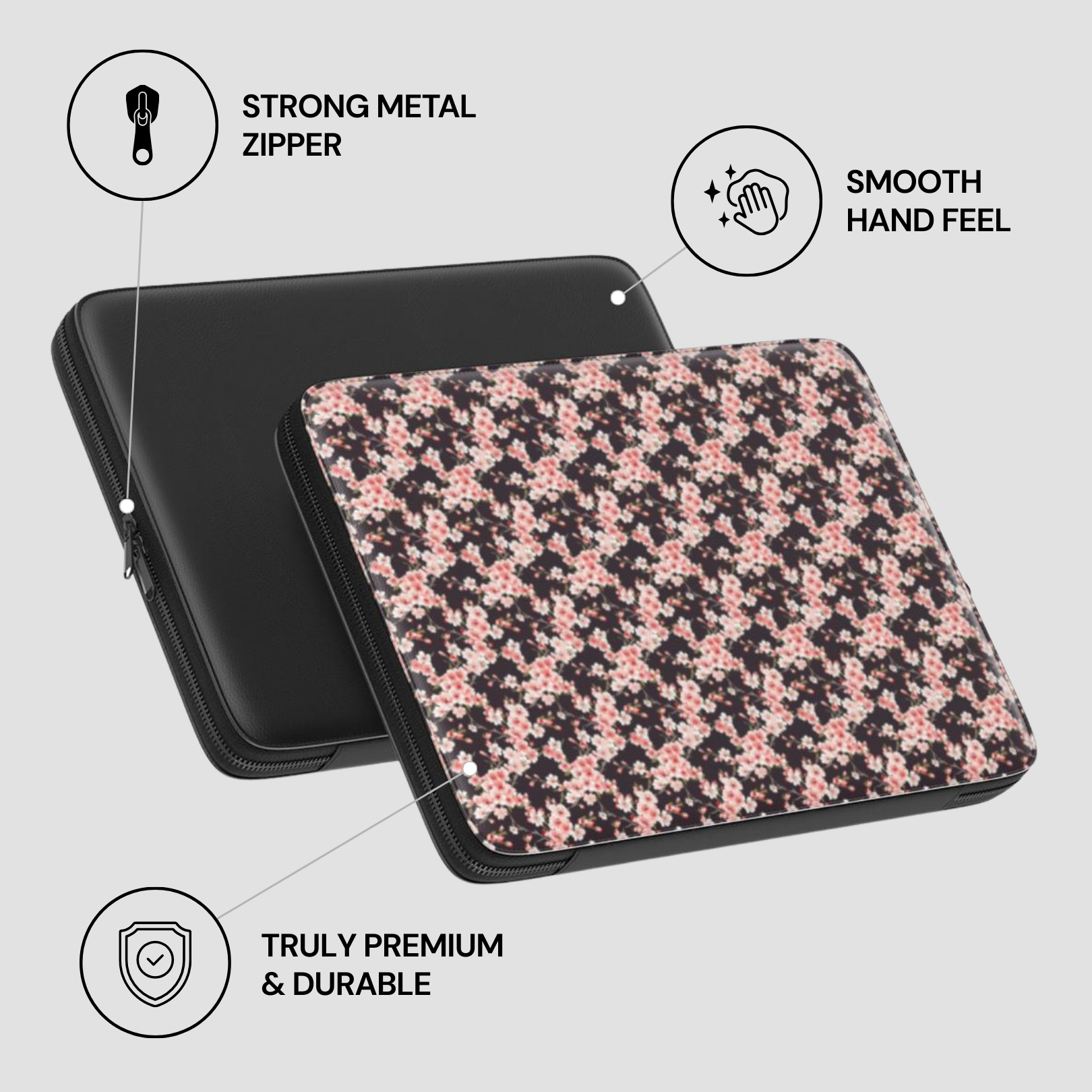 Floral patterned case with black zipper on a light gray background | Casenari