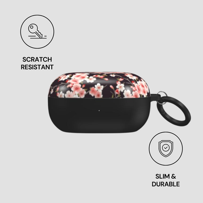 Floral patterned case with black base, keychain, and scratch resistance and durability icons on a light gray background. | Casenari