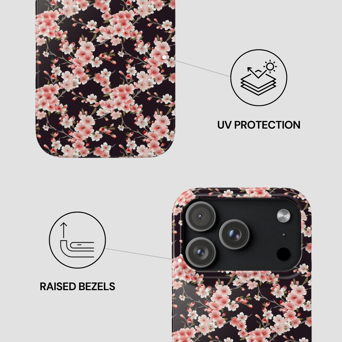 Floral phone case with UV protection and raised bezels features on a light gray background | Casenari