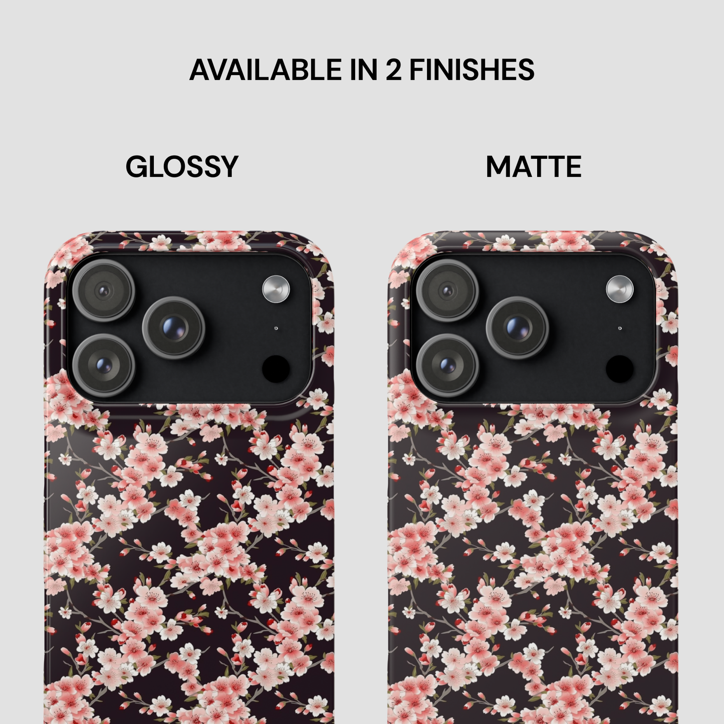 Two floral phone case designs, one glossy and one matte, on a light gray background. | Casenari