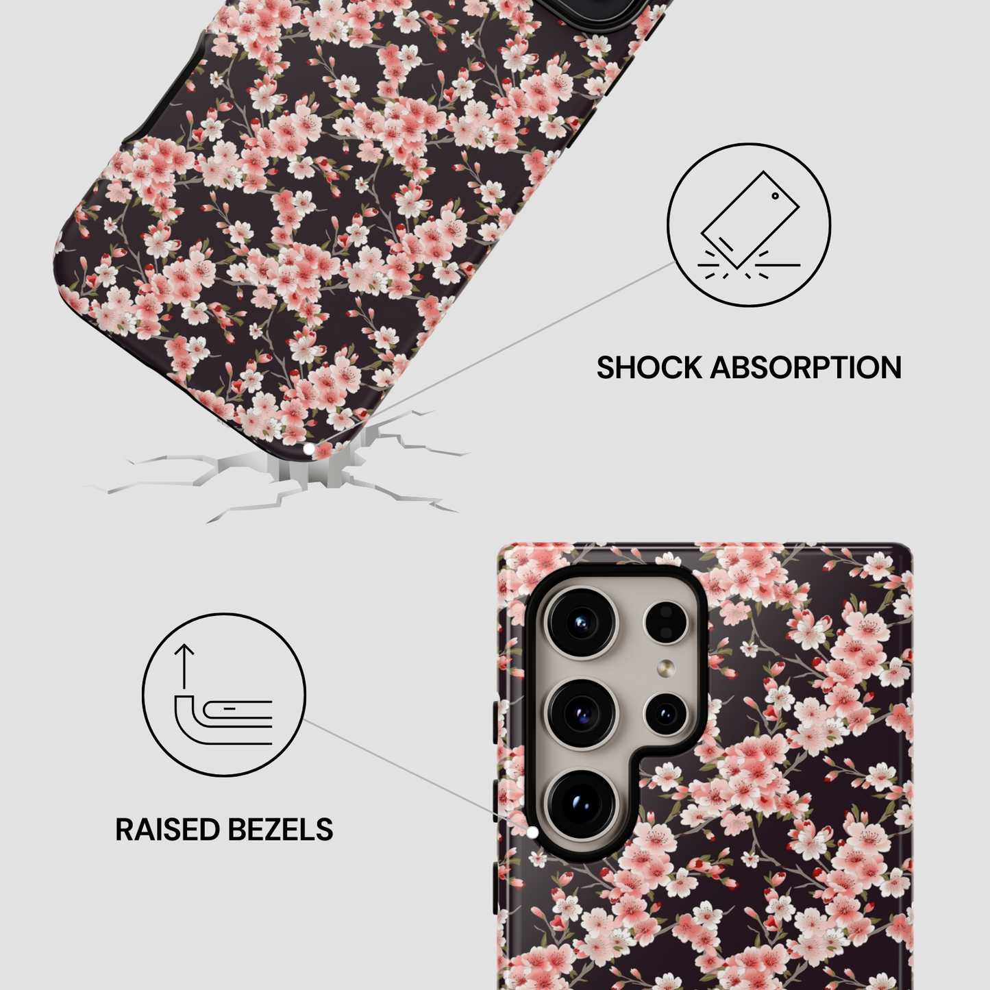 Floral phone case with shock absorption and raised bezels features on a white background | Casenari