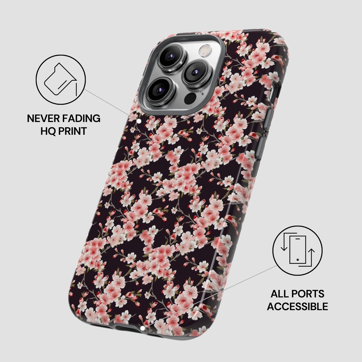 Floral phone case with text indicating 'Never Fading HQ Print' and 'All Ports Accessible' on a light gray background. | Casenari