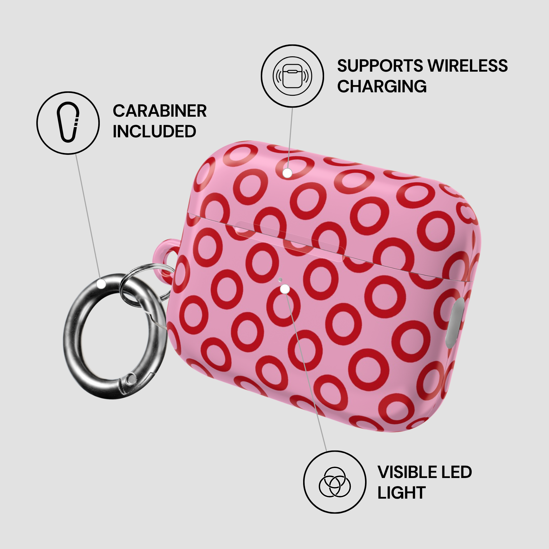Pink case with red circles and carabiner, featuring wireless charging and LED light indicators.