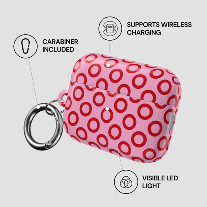 Pink case with red circles and carabiner, featuring wireless charging and LED light indicators.