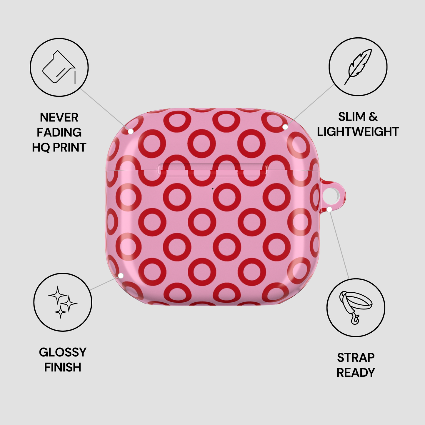 Pink case with red circular pattern on a light gray background with feature icons.