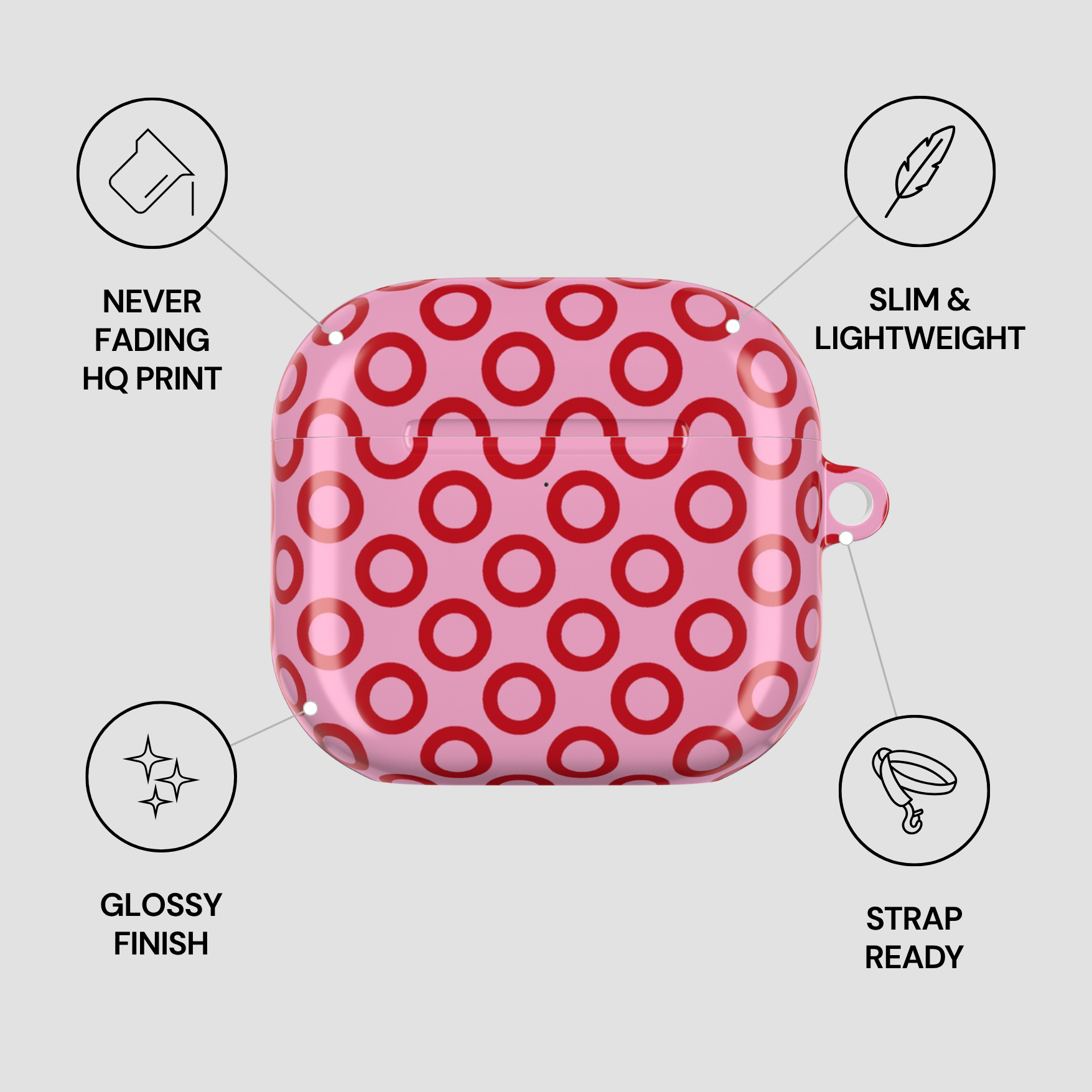 Pink case with red circular pattern on a light gray background with feature icons.