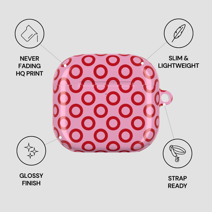 Pink case with red circular pattern on a light gray background with feature icons.