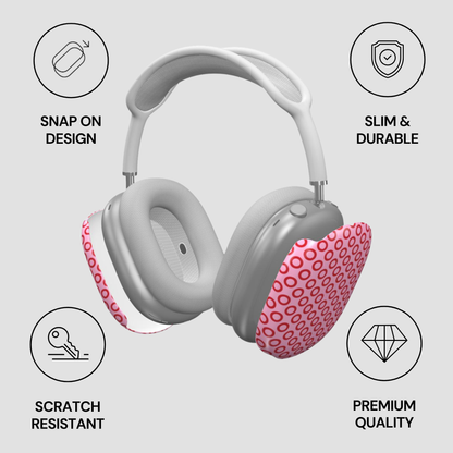 Gray headphones with pink ear pads on a light gray background with feature icons.