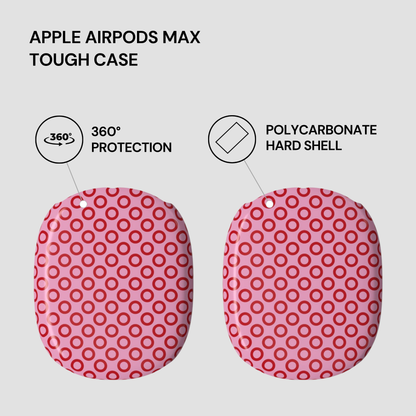 Pink tough case for Apple AirPods Max with text highlighting features on a white background