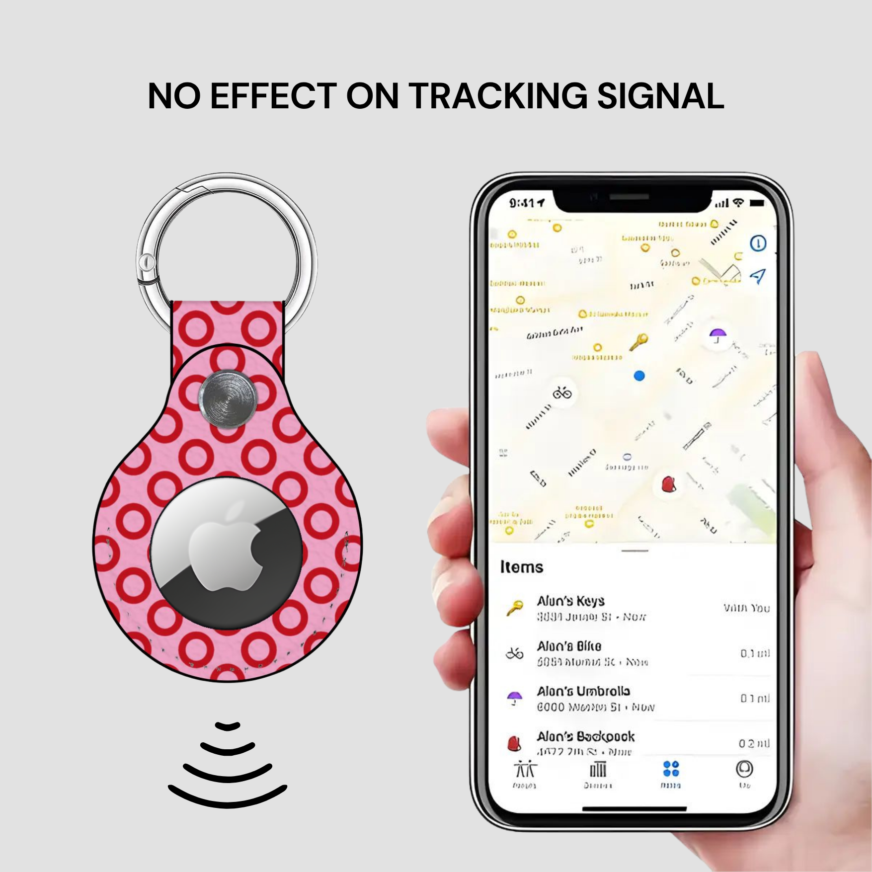 Pink circular device with Apple logo on a gray background, held by a hand with a smartphone displaying a location app.