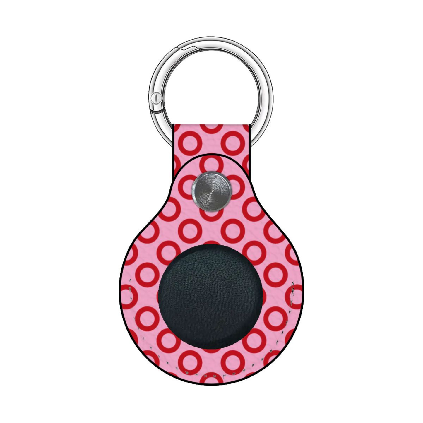 Keychain with pink circular pattern on a white background
