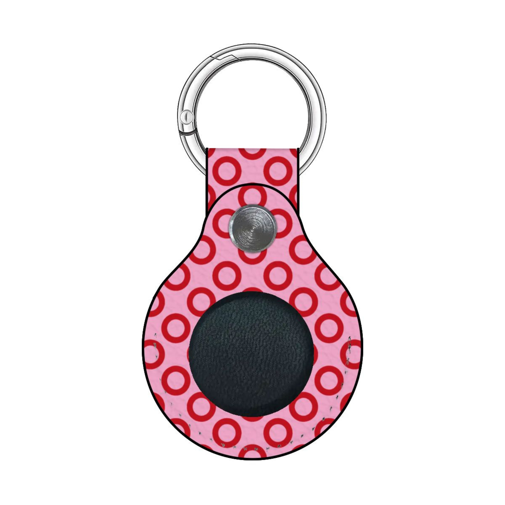 Keychain with pink circular pattern on a white background