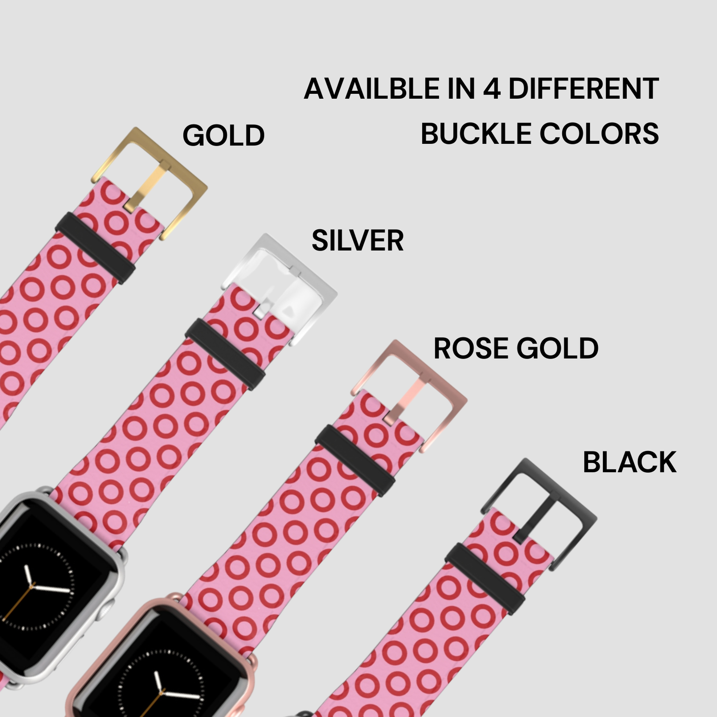 Pink polka dot watch bands with gold, silver, rose gold, and black buckles on a white background.