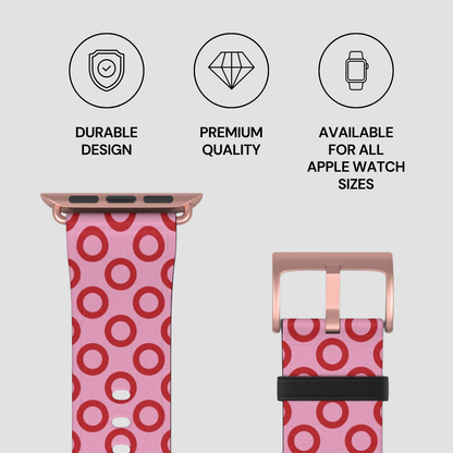 Pink watch strap with red circles and rose gold buckle on a light gray background with quality and availability text.