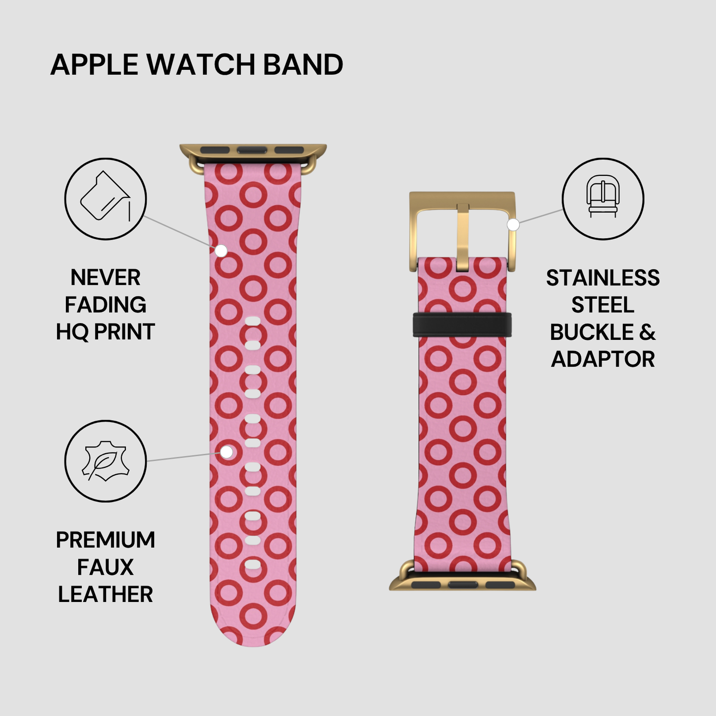 Pink Apple Watch band with gold buckle and adapter on a light gray background
