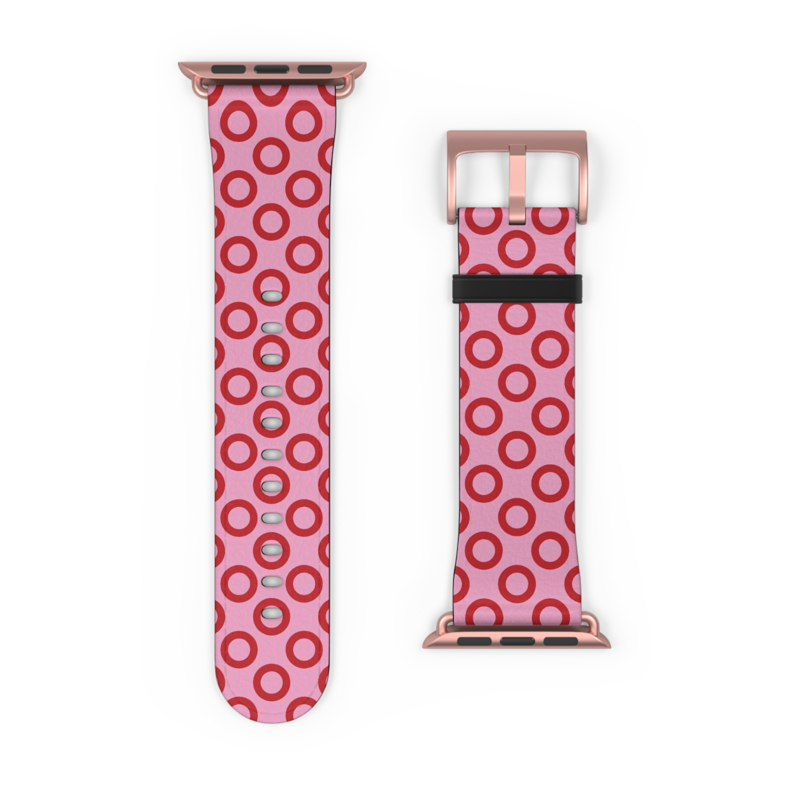 Pink watch band with red circular pattern on a white background