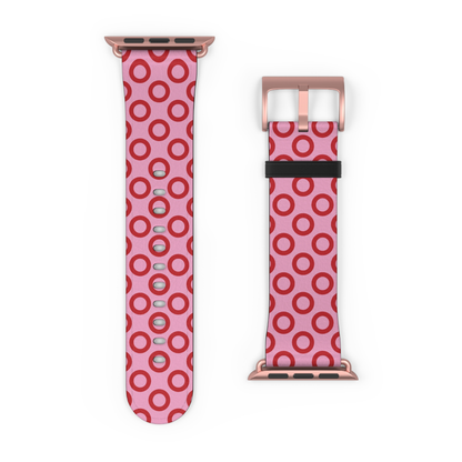Pink watch band with red circular pattern on a white background