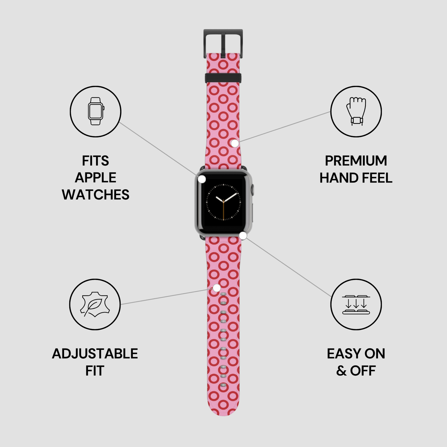 Pink polka dot watch band with features listed on a gray background