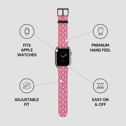 Pink polka dot watch band with features listed on a gray background