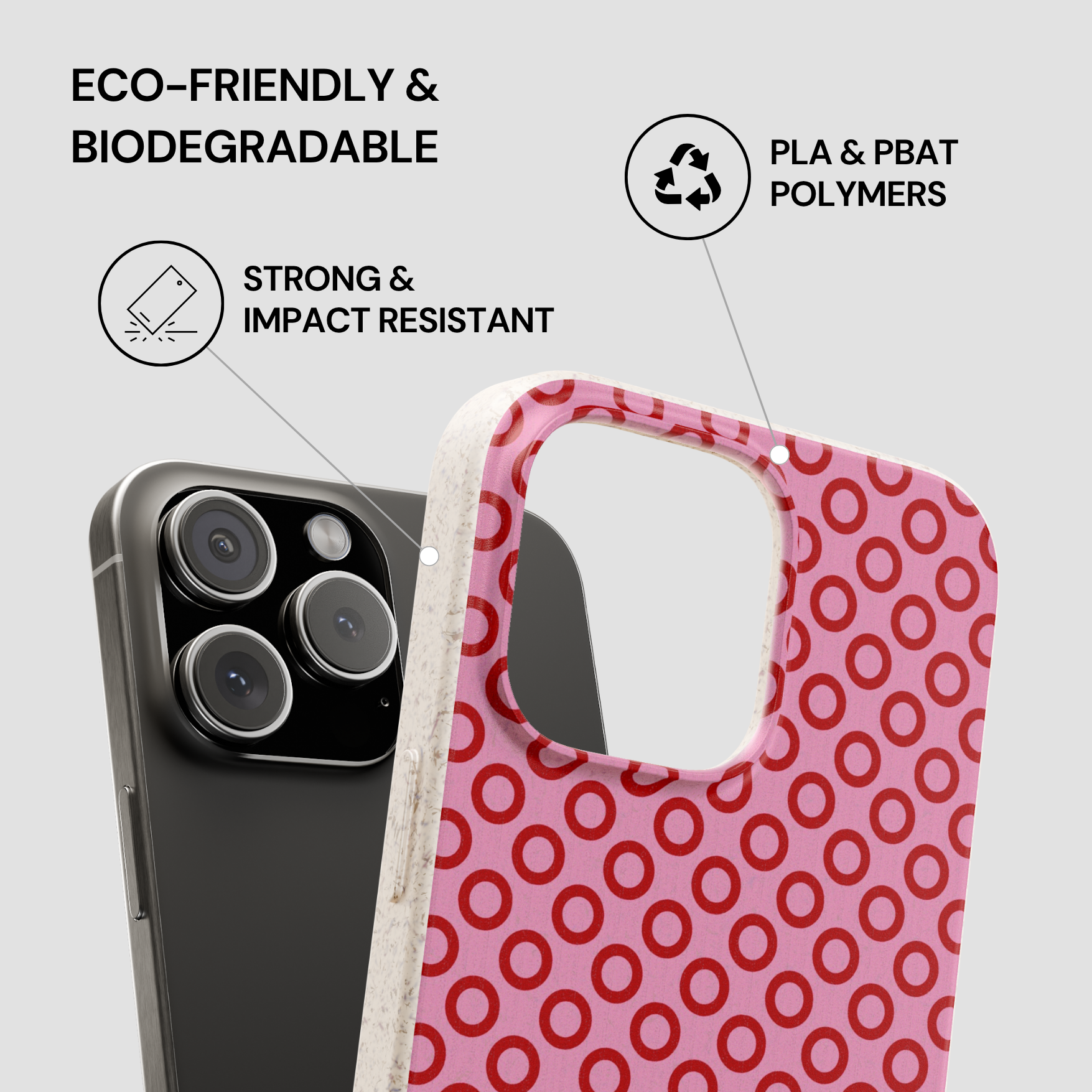 Phone case with pink circular pattern on a gray background, featuring text about eco-friendliness and properties.