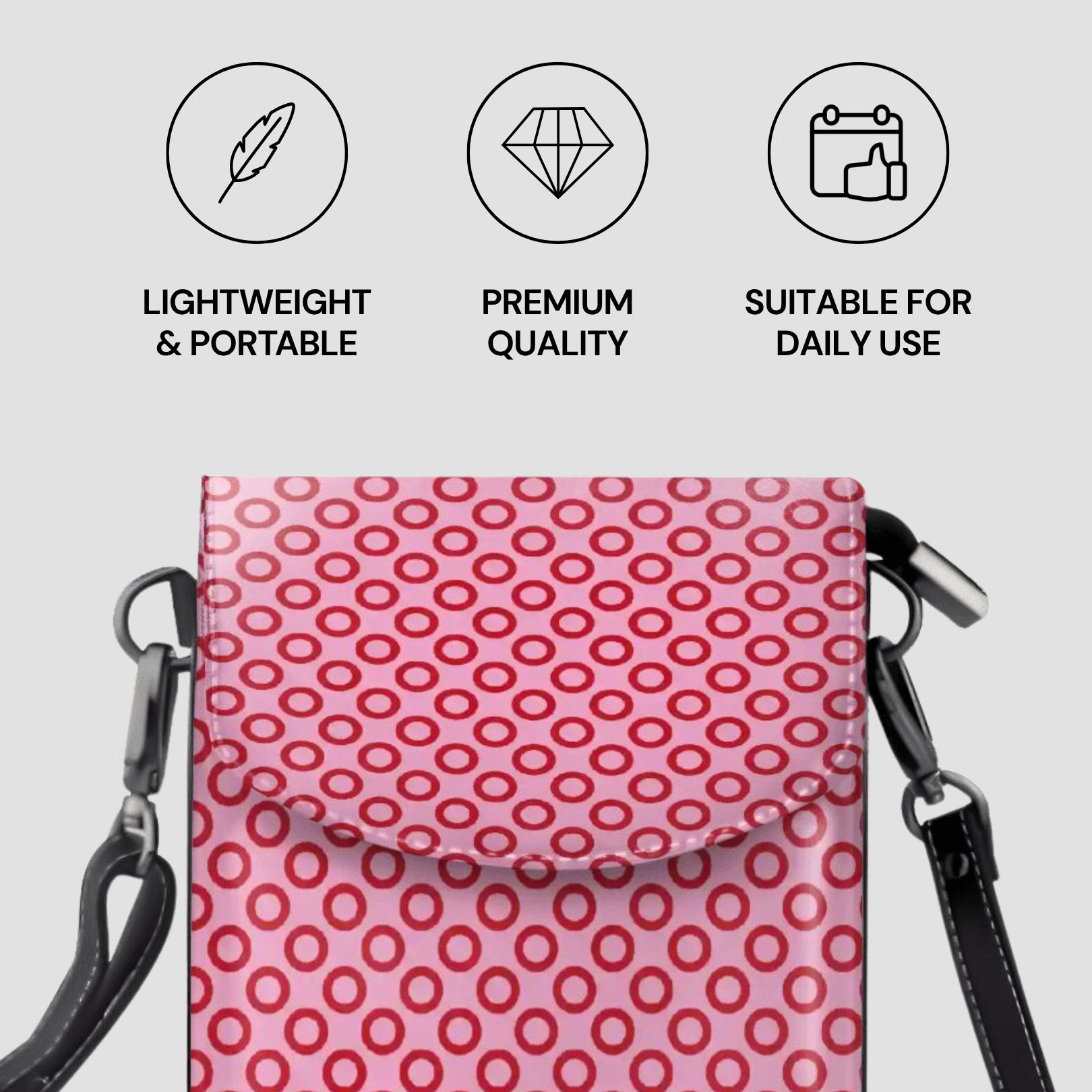 Pink patterned bag with black straps on a light gray background, featuring icons and text about product attributes.