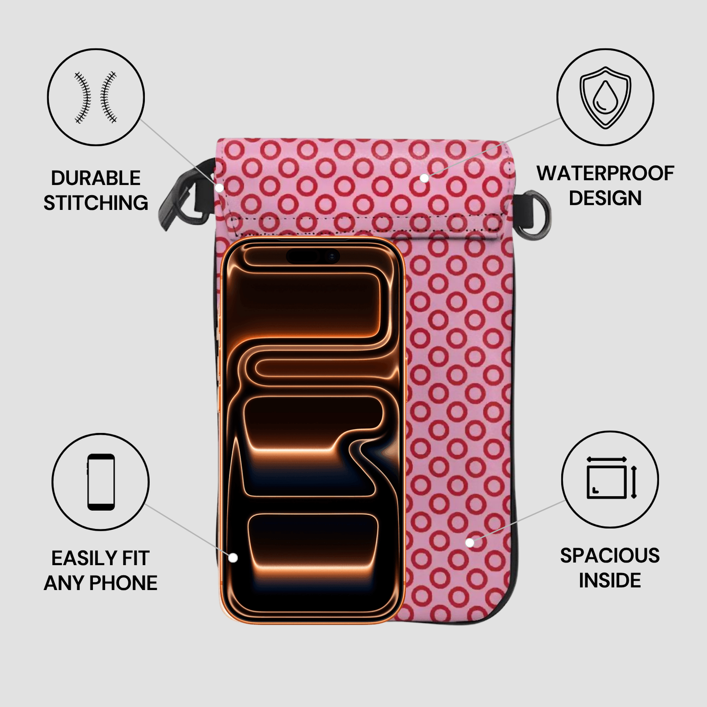 Pink drawstring bag with phone compartment on a light gray background, featuring durability, waterproof design, and spacious interior icons.