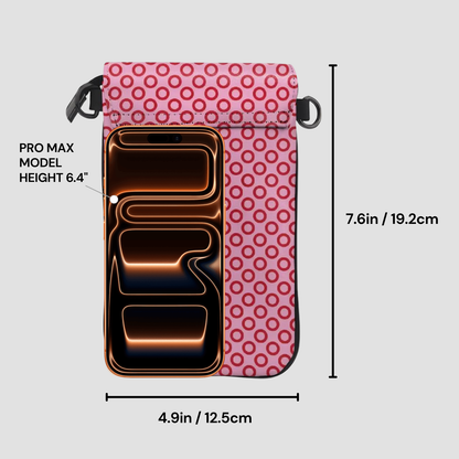 Pink phone case with a pattern and measurements on a gray background
