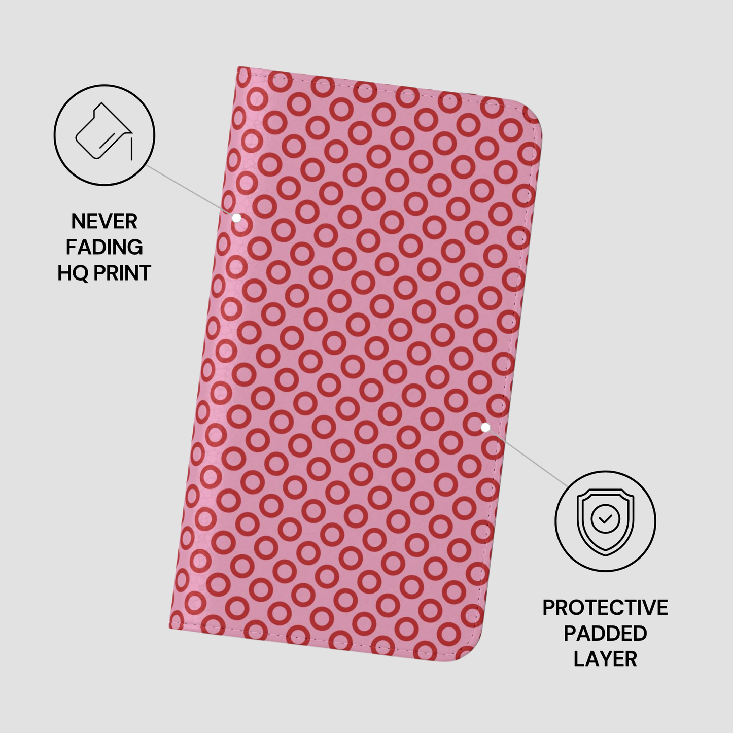 Pink phone case with circular pattern on a white background