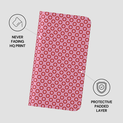 Pink phone case with circular pattern on a white background